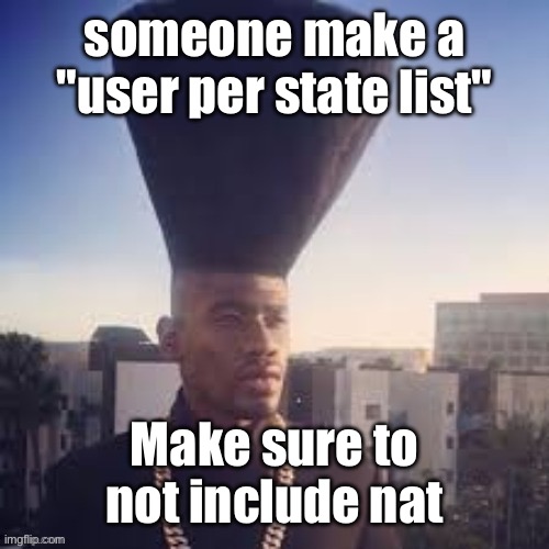 WiseMysticalHomeboy | someone make a "user per state list"; Make sure to not include nat | image tagged in wisemysticalhomeboy | made w/ Imgflip meme maker