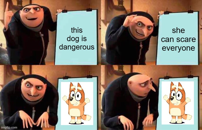 Is Bingo dangerous??????????????????????????? | this dog is dangerous; she can scare everyone | image tagged in memes,gru's plan,bluey,dogoventures | made w/ Imgflip meme maker