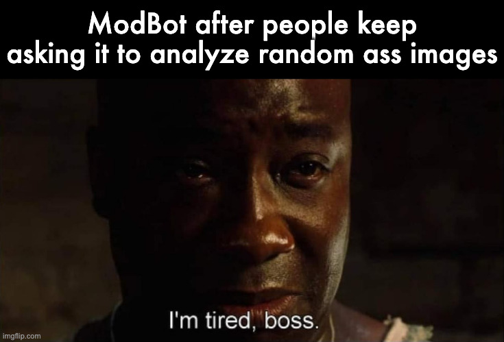 I'm tired boss | ModBot after people keep asking it to analyze random ass images | image tagged in i'm tired boss | made w/ Imgflip meme maker