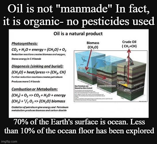 The truth is we are not running out of oil anytime soon, humanity is capable of the ingenuity it will take to safely get it | Oil is not "manmade" In fact, it is organic- no pesticides used; 70% of the Earth's surface is ocean. Less than 10% of the ocean floor has been explored | image tagged in oil | made w/ Imgflip meme maker