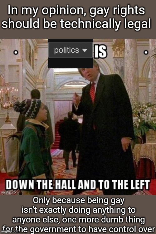 I know, I know, this boring **s meme belongs in the boring **s politics stream | In my opinion, gay rights should be technically legal; Only because being gay isn't exactly doing anything to anyone else, one more dumb thing for the government to have control over | image tagged in politics is down the hall and to the left | made w/ Imgflip meme maker