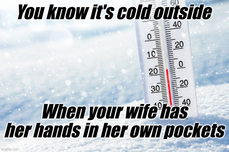 Cold wife | You know it's cold outside; When your wife has her hands in her own pockets | image tagged in wife,cold weather,money money | made w/ Imgflip meme maker