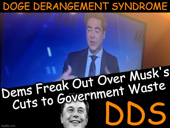 Hey, Democrats! Government Waste BAD. Orange Man & Elon GOOD! | DOGE DERANGEMENT SYNDROME; Dems Freak Out Over Musk's 
Cuts to Government Waste; DDS | image tagged in tds,dds,donald trump,elon musk,doge,department of government efficiency | made w/ Imgflip meme maker