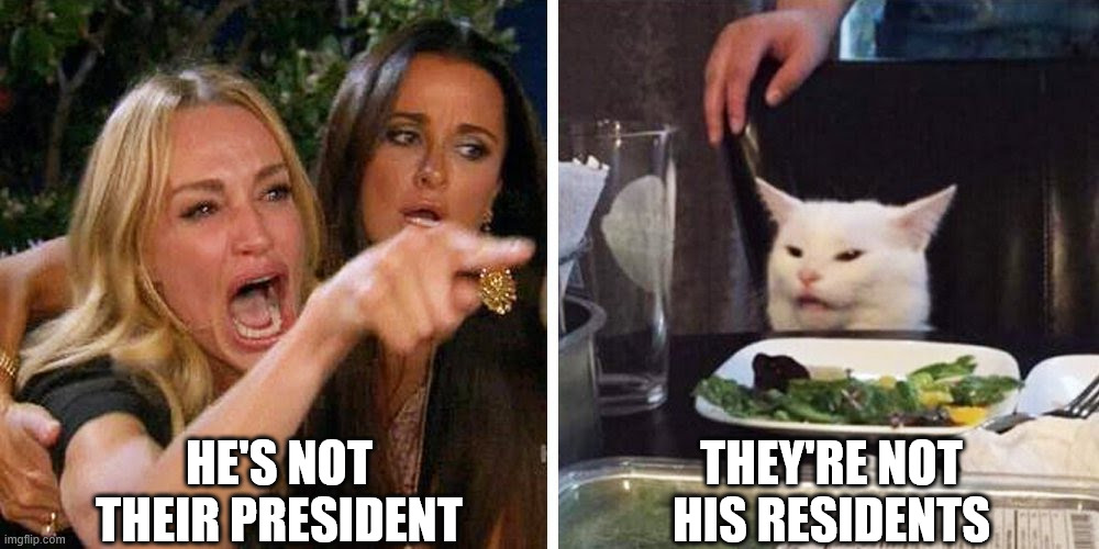 Smudge the cat | HE'S NOT THEIR PRESIDENT; THEY'RE NOT HIS RESIDENTS | image tagged in smudge the cat | made w/ Imgflip meme maker