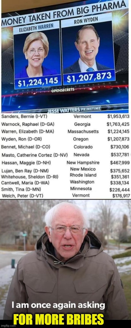 brought to you by Pfizer (or bought) protected by Doug Emhoff (Mr kamala) | image tagged in bribes,corruption,big pharma,bernie sanders,elizabeth warren | made w/ Imgflip meme maker