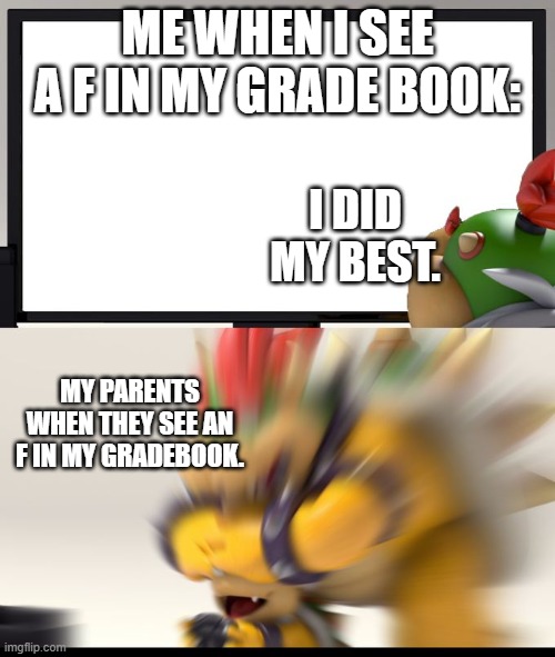 Nintendo Switch Parental Controls | ME WHEN I SEE A F IN MY GRADE BOOK:; I DID MY BEST. MY PARENTS WHEN THEY SEE AN F IN MY GRADEBOOK. | image tagged in nintendo switch parental controls | made w/ Imgflip meme maker