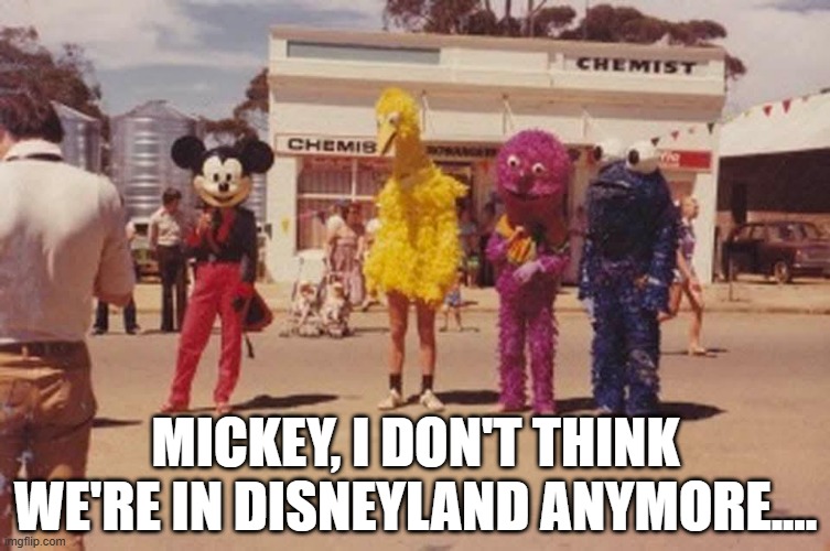 My Childhood is ruined | MICKEY, I DON'T THINK WE'RE IN DISNEYLAND ANYMORE.... | image tagged in cursed image | made w/ Imgflip meme maker