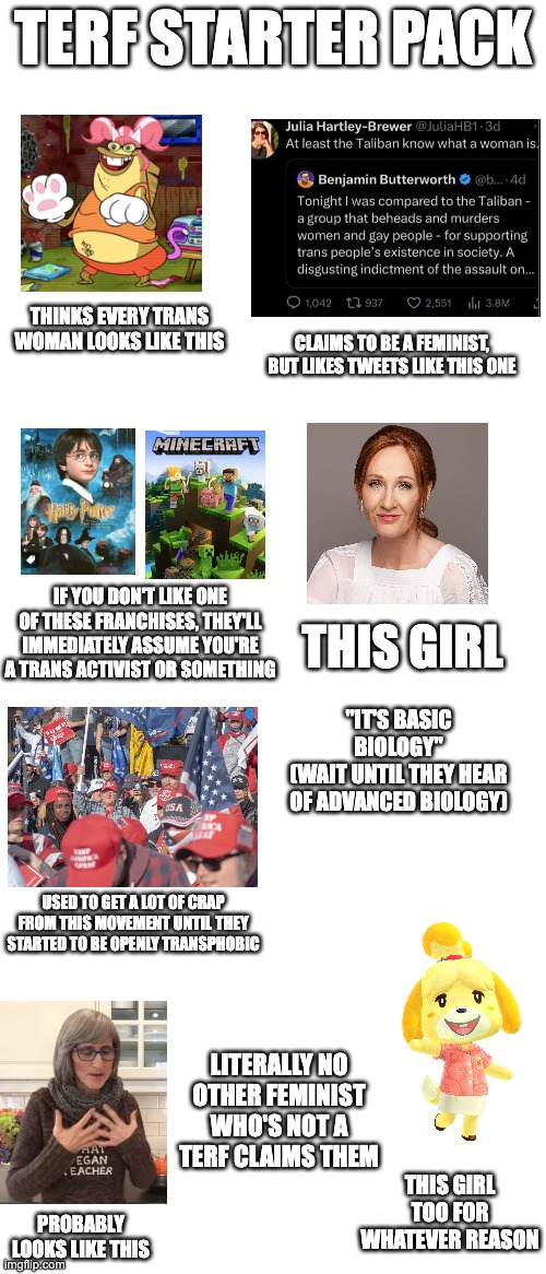 TERF starter pack | TERF STARTER PACK; THINKS EVERY TRANS WOMAN LOOKS LIKE THIS; CLAIMS TO BE A FEMINIST, BUT LIKES TWEETS LIKE THIS ONE; IF YOU DON'T LIKE ONE OF THESE FRANCHISES, THEY'LL IMMEDIATELY ASSUME YOU'RE A TRANS ACTIVIST OR SOMETHING; THIS GIRL; "IT'S BASIC BIOLOGY"
(WAIT UNTIL THEY HEAR OF ADVANCED BIOLOGY); USED TO GET A LOT OF CRAP FROM THIS MOVEMENT UNTIL THEY STARTED TO BE OPENLY TRANSPHOBIC; LITERALLY NO OTHER FEMINIST WHO'S NOT A TERF CLAIMS THEM; THIS GIRL TOO FOR WHATEVER REASON; PROBABLY LOOKS LIKE THIS | image tagged in terf,transgender,liberal,feminism | made w/ Imgflip meme maker