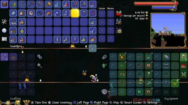 My current setup in my Master Mode playthrough | image tagged in terraria,gaming,video games,nintendo switch,screenshot | made w/ Imgflip meme maker