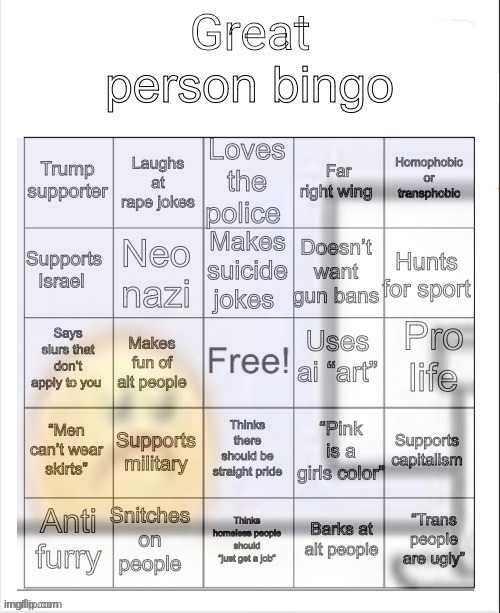 "Barks at alt people" as if that ain't weirder than them :sob: | image tagged in great person bingo | made w/ Imgflip meme maker