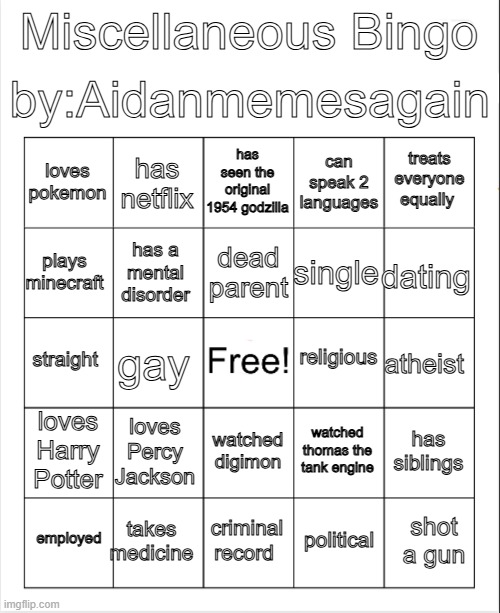 have fun | by:Aidanmemesagain; Miscellaneous Bingo; has seen the original 1954 godzilla; has netflix; treats everyone equally; loves pokemon; can speak 2 languages; dead parent; plays minecraft; dating; single; has a mental disorder; religious; straight; atheist; gay; loves Harry Potter; loves Percy Jackson; has siblings; watched thomas the tank engine; watched digimon; takes medicine; shot a gun; employed; criminal record; political | image tagged in blank bingo | made w/ Imgflip meme maker