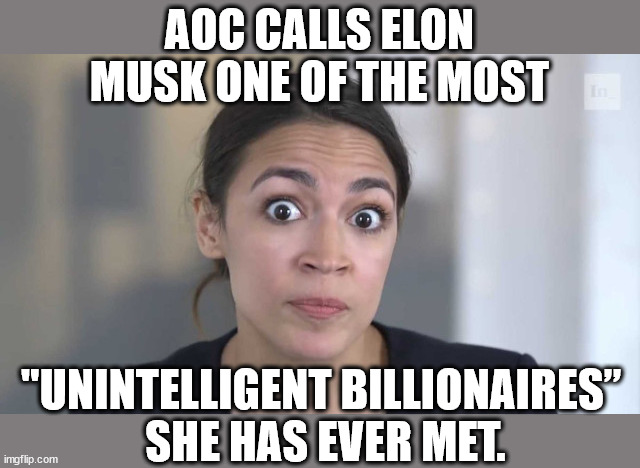 AOC, the judge of intelligence! | AOC CALLS ELON MUSK ONE OF THE MOST; "UNINTELLIGENT BILLIONAIRES” 
SHE HAS EVER MET. | image tagged in crazy alexandria ocasio-cortez,aoc,memes,elon musk,democrat,stupid | made w/ Imgflip meme maker