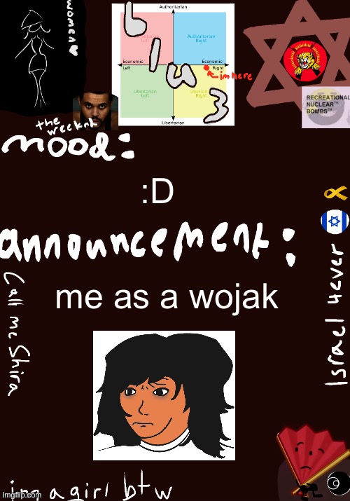 blu3’s shira temp | :D; me as a wojak | image tagged in blu3 s shira temp | made w/ Imgflip meme maker