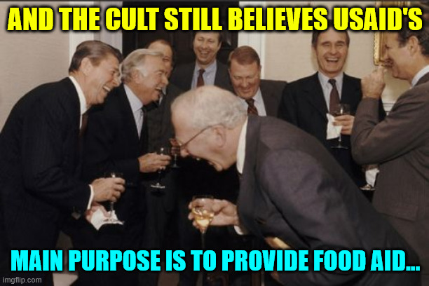 "Elon is taking away American food aid"...  more lib delusions | AND THE CULT STILL BELIEVES USAID'S; MAIN PURPOSE IS TO PROVIDE FOOD AID... | image tagged in memes,laughing men in suits,liberal,delusion,elon exposing government corruption | made w/ Imgflip meme maker