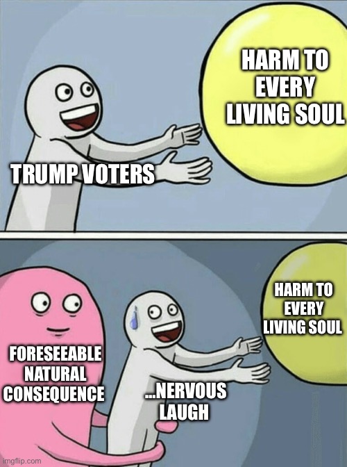 Exposed as traitors, doubling down is all they’ve got. | HARM TO EVERY LIVING SOUL; TRUMP VOTERS; HARM TO EVERY LIVING SOUL; FORESEEABLE NATURAL CONSEQUENCE; …NERVOUS LAUGH | image tagged in memes,running away balloon | made w/ Imgflip meme maker