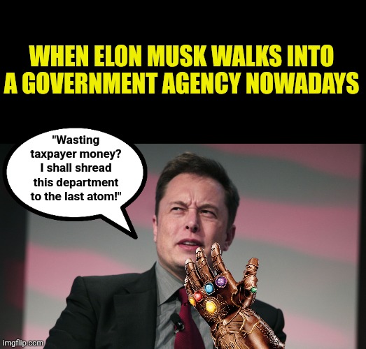 Elon Musk has become Thanos in the US government now? What can this guy not do? | WHEN ELON MUSK WALKS INTO A GOVERNMENT AGENCY NOWADAYS; "Wasting taxpayer money? I shall shread this department to the last atom!" | image tagged in elon musk,thanos,power,big government,money,liberals vs conservatives | made w/ Imgflip meme maker