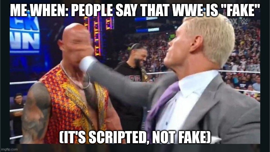 Cody Rhodes slaps Rock | ME WHEN: PEOPLE SAY THAT WWE IS "FAKE"; (IT'S SCRIPTED, NOT FAKE) | image tagged in cody rhodes slaps rock | made w/ Imgflip meme maker