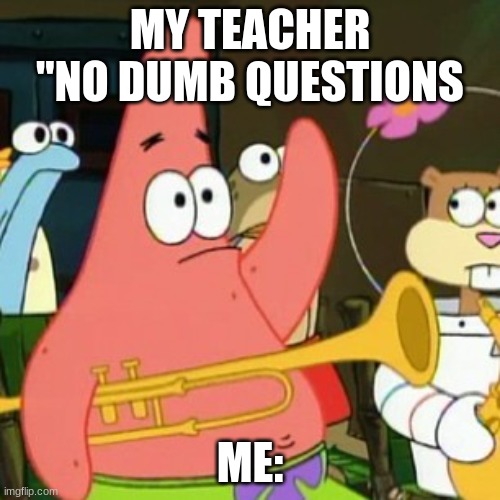 stupid patrick | MY TEACHER "NO DUMB QUESTIONS; ME: | image tagged in memes,no patrick | made w/ Imgflip meme maker