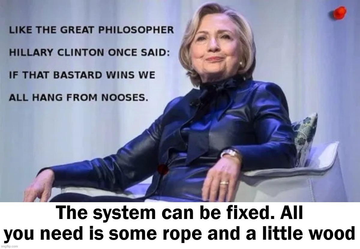 The system can be fixed. All you need is some rope and a little wood. | image tagged in crooked hillary,hillary rotten clinton,hillary emails,clinton crime family,clinton corruption,hillary for prison | made w/ Imgflip meme maker