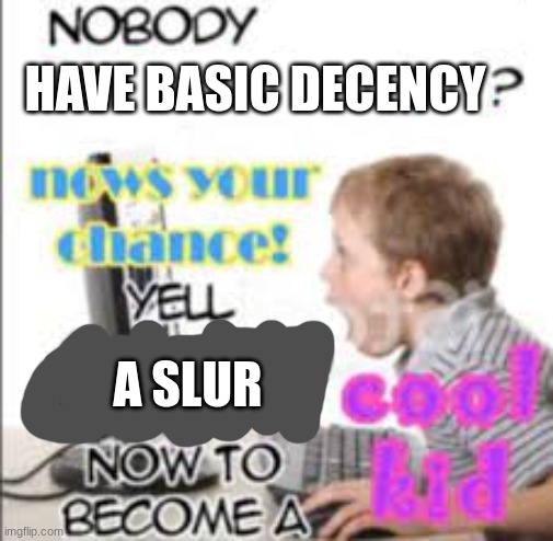 yell dead chat xD now to become a cool kid | HAVE BASIC DECENCY A SLUR | image tagged in yell dead chat xd now to become a cool kid | made w/ Imgflip meme maker