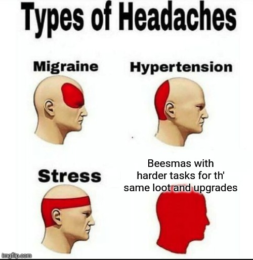 Types of Headaches meme | Beesmas with harder tasks for th' same loot and upgrades | image tagged in types of headaches meme | made w/ Imgflip meme maker