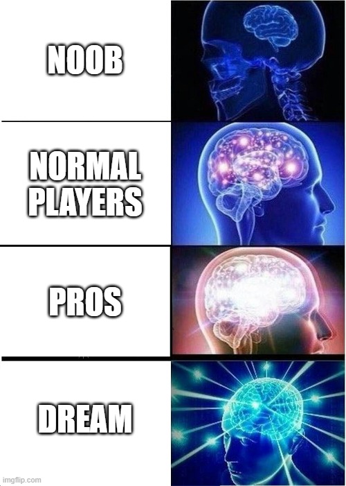 Expanding Brain | NOOB; NORMAL PLAYERS; PROS; DREAM | image tagged in memes,expanding brain | made w/ Imgflip meme maker