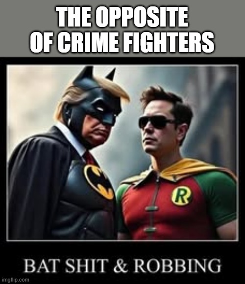 memes by Brad - The opposite of crime fighters is Donald Trump & Elon Musk | THE OPPOSITE OF CRIME FIGHTERS | image tagged in funny,fun,political meme,humor,donald trump,elon musk | made w/ Imgflip meme maker