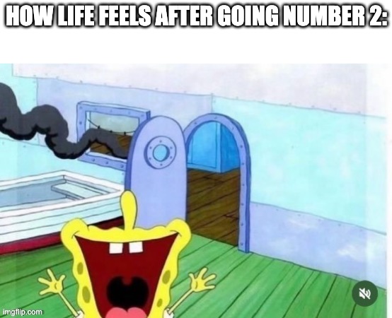 spongebob yelling | HOW LIFE FEELS AFTER GOING NUMBER 2: | image tagged in spongebob yelling,memes,funny,spongebob,poop,relatable | made w/ Imgflip meme maker