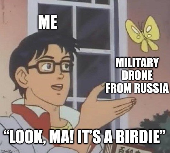 Is This A Pigeon Meme | ME; MILITARY DRONE FROM RUSSIA; “LOOK, MA! IT’S A BIRDIE” | image tagged in memes,is this a pigeon | made w/ Imgflip meme maker
