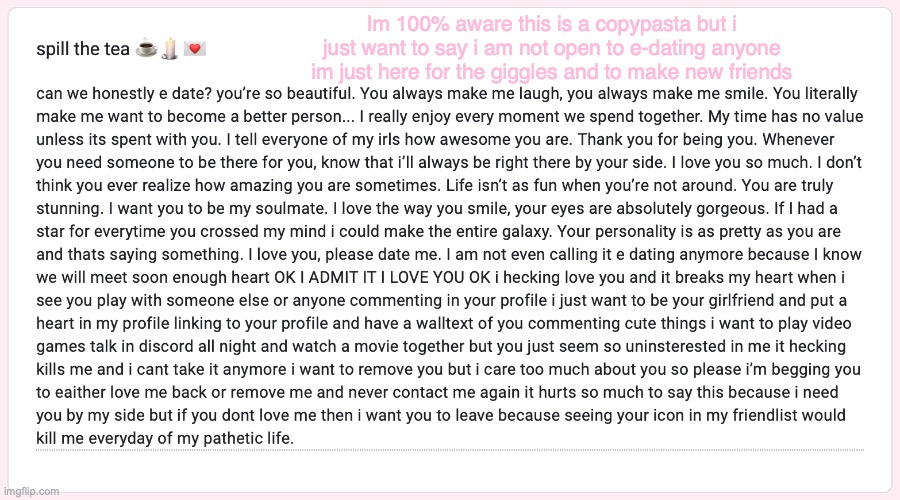 Im 100% aware this is a copypasta but i just want to say i am not open to e-dating anyone im just here for the giggles and to make new friends | made w/ Imgflip meme maker