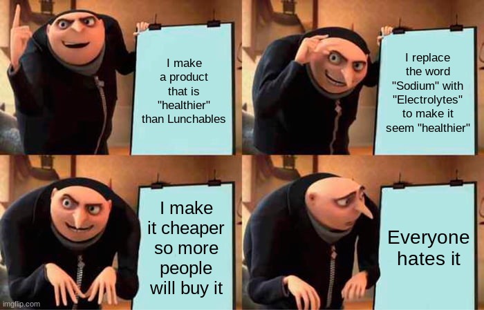 KSI's terrible plan | I make a product that is "healthier" than Lunchables; I replace the word "Sodium" with "Electrolytes" to make it seem "healthier"; I make it cheaper so more people will buy it; Everyone hates it | image tagged in memes,gru's plan | made w/ Imgflip meme maker