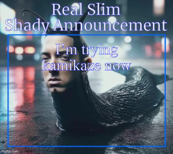 slug shady | I’m trying kamikaze now | image tagged in real slim shady announcement temp,chat | made w/ Imgflip meme maker