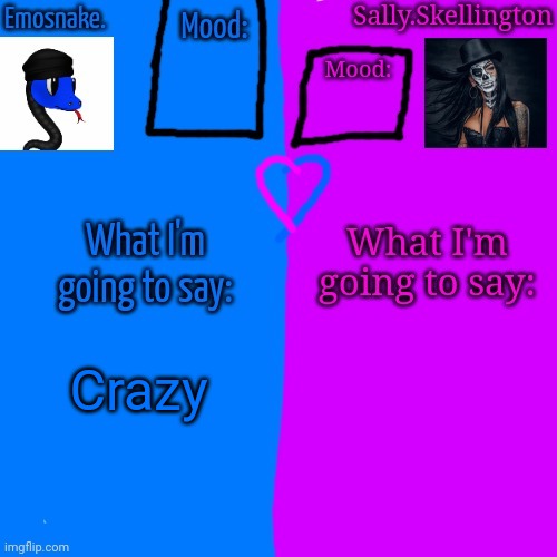 Emosnake and Sally.Skellington Shared Announcement Temp | Crazy | image tagged in emosnake and sally skellington shared announcement temp | made w/ Imgflip meme maker