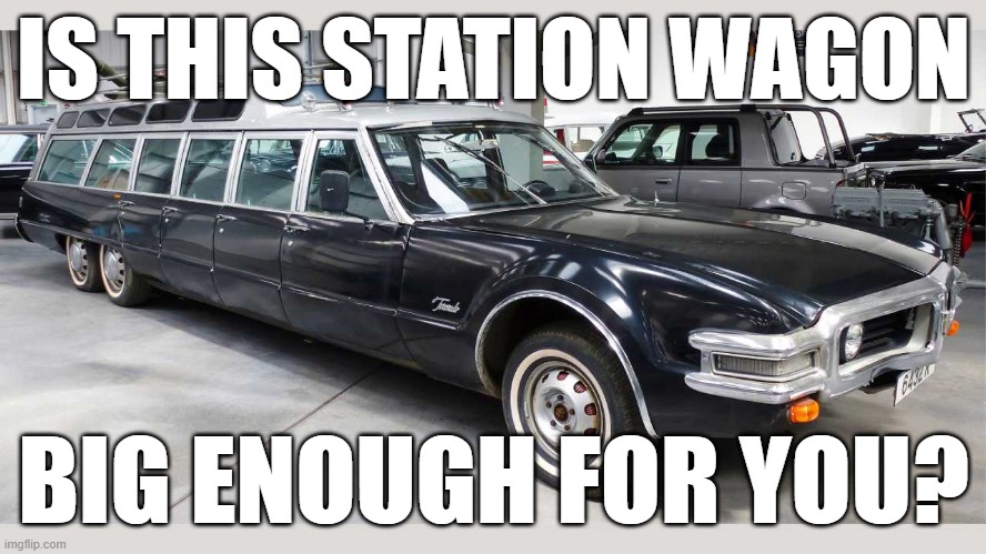 One big station wagon | IS THIS STATION WAGON; BIG ENOUGH FOR YOU? | image tagged in station wagon,oldsmobile,jetway,707,long,car | made w/ Imgflip meme maker