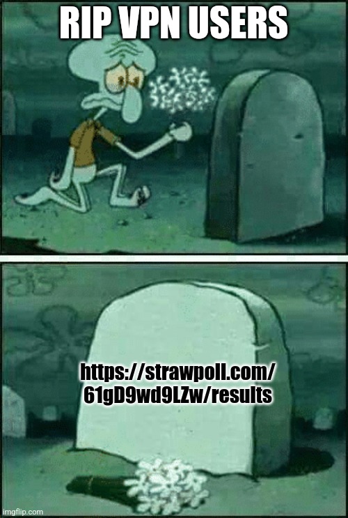 0 votes lmao | RIP VPN USERS; https://strawpoll.com/
61gD9wd9LZw/results | image tagged in rip squidward | made w/ Imgflip meme maker