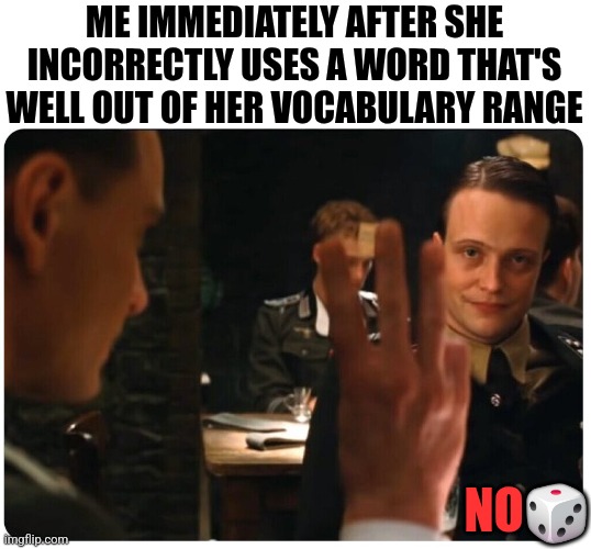 ME IMMEDIATELY AFTER SHE INCORRECTLY USES A WORD THAT'S WELL OUT OF HER VOCABULARY RANGE; NO🎲 | image tagged in funny | made w/ Imgflip meme maker