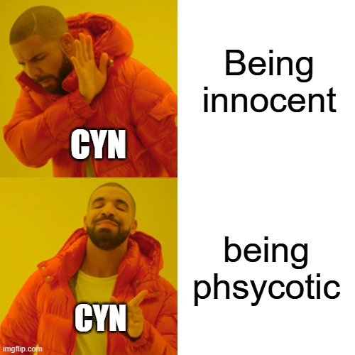 Am I Wrong? | Being innocent; CYN; being phsycotic; CYN | image tagged in memes,drake hotline bling,murder drones | made w/ Imgflip meme maker