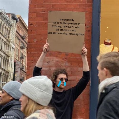 Man Holding Cardboard Sign | i am partially upset on this particular evening, however i wish all others a most pleasant evening/morning/day | image tagged in man holding cardboard sign | made w/ Imgflip meme maker