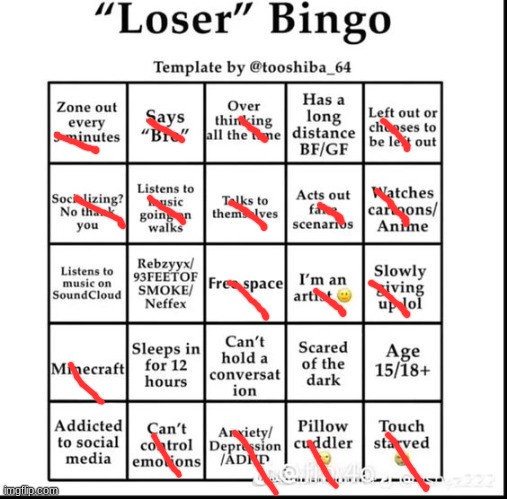 loser bingo | image tagged in loser bingo | made w/ Imgflip meme maker