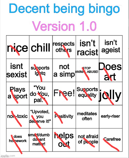 Decent being bingo | image tagged in decent being bingo | made w/ Imgflip meme maker