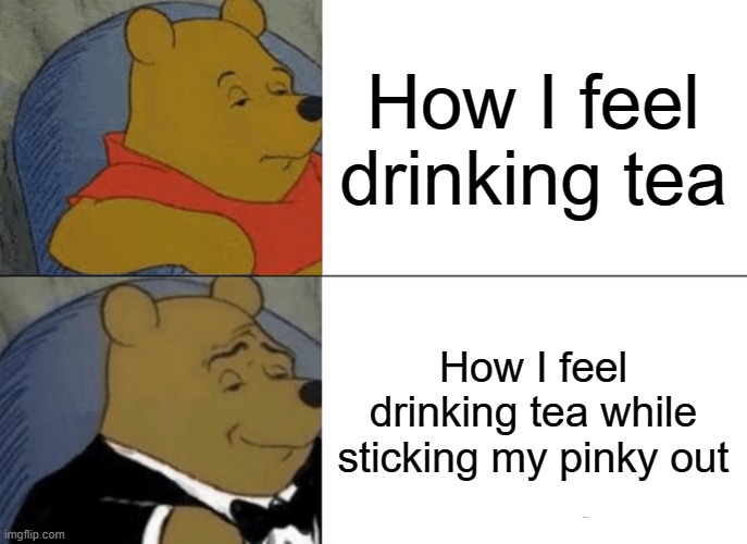 Tuxedo Winnie The Pooh | How I feel drinking tea; How I feel drinking tea while sticking my pinky out | image tagged in memes,tuxedo winnie the pooh | made w/ Imgflip meme maker