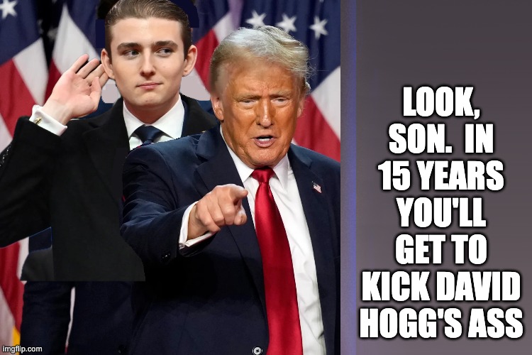 LOOK, SON.  IN 15 YEARS YOU'LL GET TO KICK DAVID HOGG'S ASS | image tagged in trump,barron | made w/ Imgflip meme maker