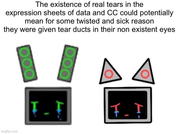 The existence of real tears in the expression sheets of data and CC could potentially mean for some twisted and sick reason they were given tear ducts in their non existent eyes | made w/ Imgflip meme maker