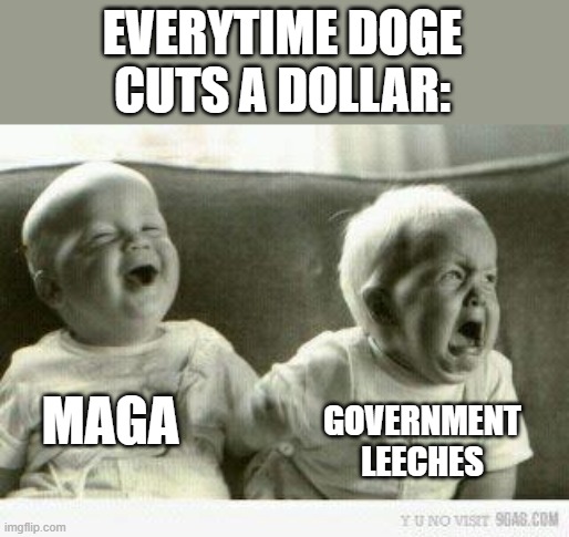 Crying baby | EVERYTIME DOGE CUTS A DOLLAR:; MAGA; GOVERNMENT LEECHES | image tagged in crying baby,government,maga,doge,dollar | made w/ Imgflip meme maker