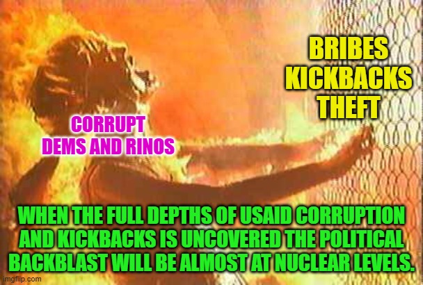 Terminator nuke | BRIBES
KICKBACKS
THEFT; CORRUPT DEMS AND RINOS; WHEN THE FULL DEPTHS OF USAID CORRUPTION AND KICKBACKS IS UNCOVERED THE POLITICAL BACKBLAST WILL BE ALMOST AT NUCLEAR LEVELS. | image tagged in terminator nuke | made w/ Imgflip meme maker