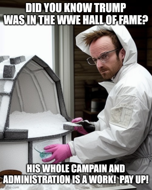 WWE. Work =scripted.  No real actions here... | DID YOU KNOW TRUMP WAS IN THE WWE HALL OF FAME? HIS WHOLE CAMPAIN AND ADMINISTRATION IS A WORK!  PAY UP! | image tagged in snowcones | made w/ Imgflip meme maker