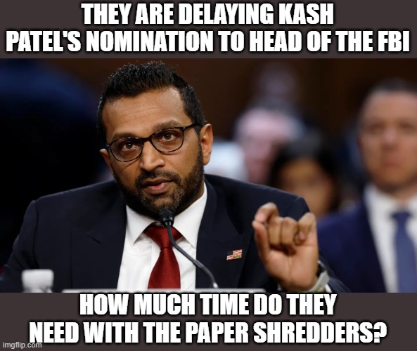 How much time does it take to shred paper? | THEY ARE DELAYING KASH PATEL'S NOMINATION TO HEAD OF THE FBI; HOW MUCH TIME DO THEY NEED WITH THE PAPER SHREDDERS? | image tagged in kash patel,fbi | made w/ Imgflip meme maker