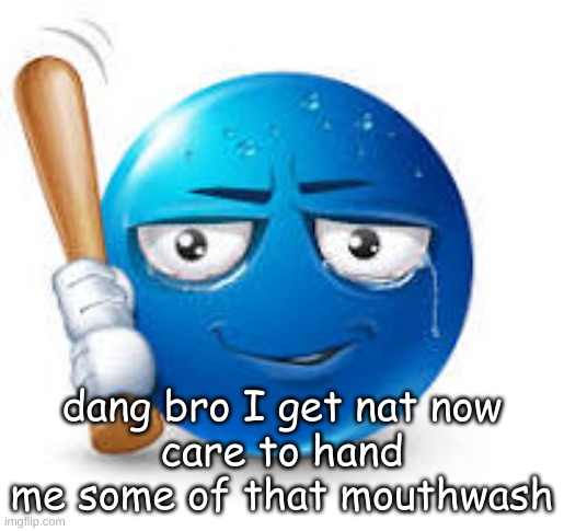 Translation: I hate everything lol XD :3 | dang bro I get nat now
care to hand me some of that mouthwash | image tagged in blue bat emoji | made w/ Imgflip meme maker