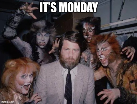 should've posted this next monday | IT'S MONDAY | image tagged in brian wilson with the cast of cats | made w/ Imgflip meme maker