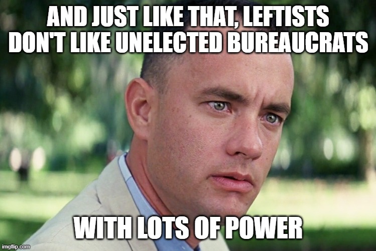 And Just Like That | AND JUST LIKE THAT, LEFTISTS DON'T LIKE UNELECTED BUREAUCRATS; WITH LOTS OF POWER | image tagged in memes,and just like that | made w/ Imgflip meme maker